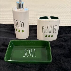 Rae Dunn Holiday Collection Set. Soap Dish, hand soap dispenser and brush holder